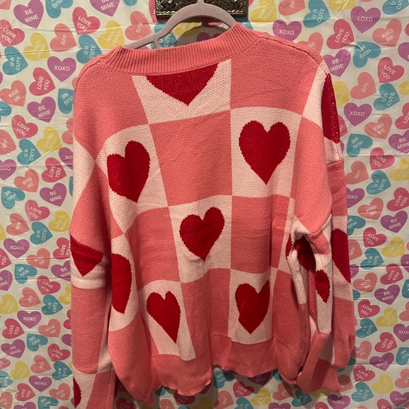 Valentines pink checkered and red hearts very hearts long sleeve sweater - Picture 2 of 7